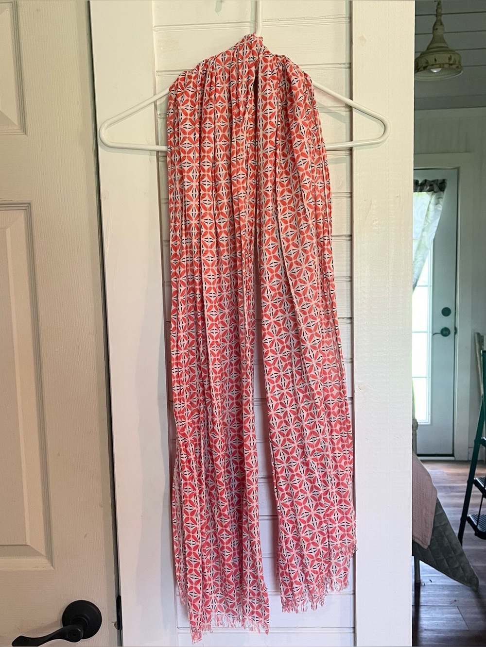 Coral & White Geometric Print Scarf. Tickled Pink brand.